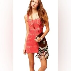 Y2K style Free People Pink Peach Lace Stretchy Tight Body-con Dress